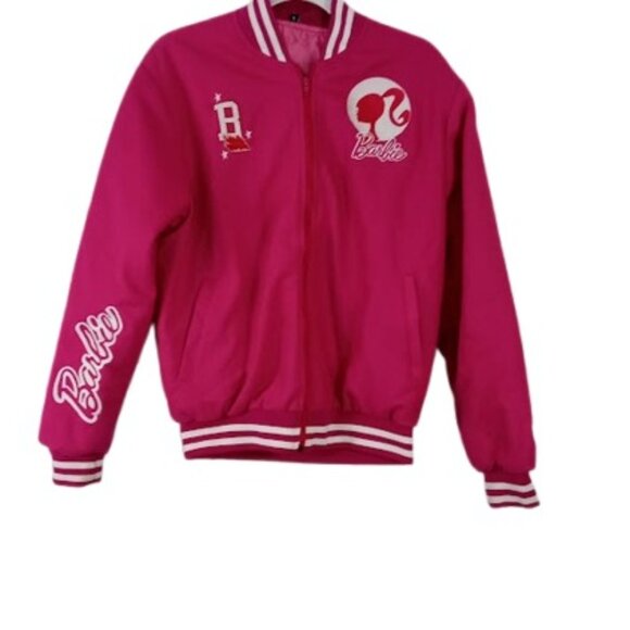 Barbie Womens Zip Bomber Varsity Jacket Pink Girl Power Embroidered Pockets JR S - Picture 1 of 6
